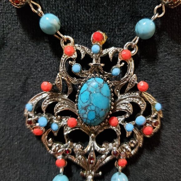 Womens Multicolor Multiple Beaded Turquoise Coral Pendant Necklace with Lobster - Picture 6 of 6